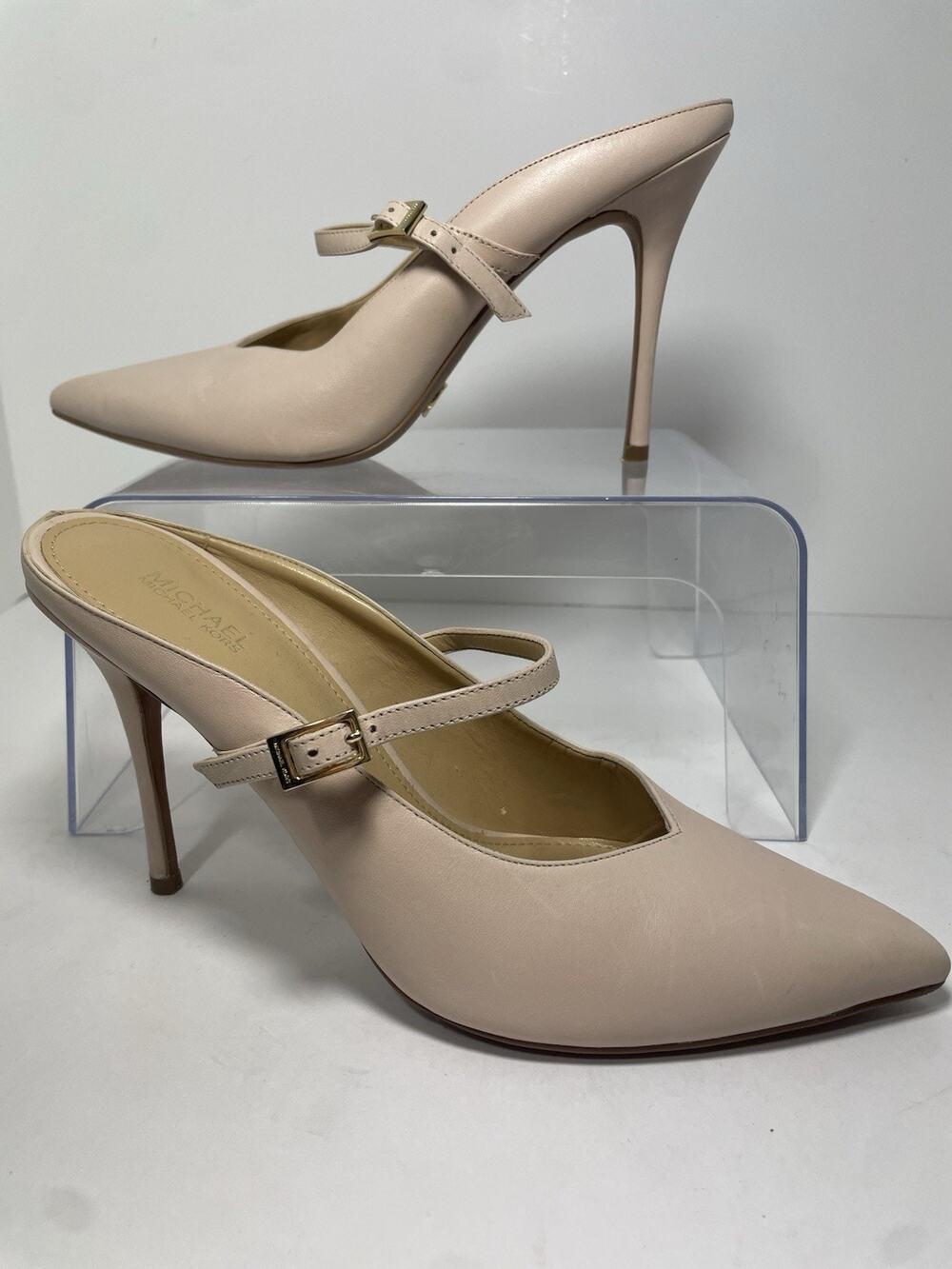 Michael Kors Women’s Leather Pointed Toe Pump Heels Buckle Straps Blush Beige 9M